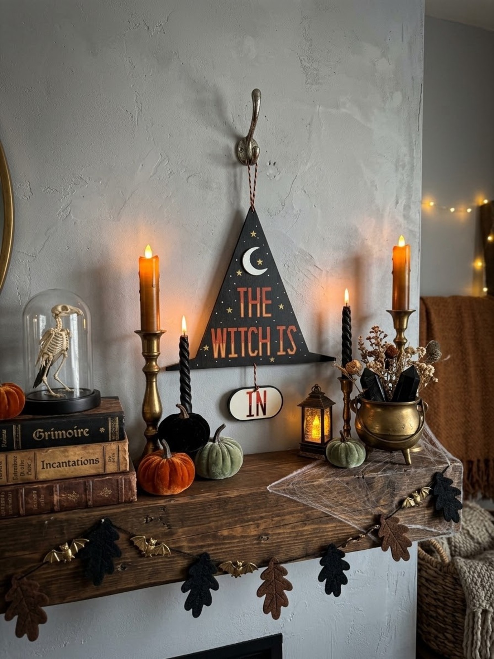 Halloween Witch Hat Wall Sign - Black and Orange "The Witch Is In"